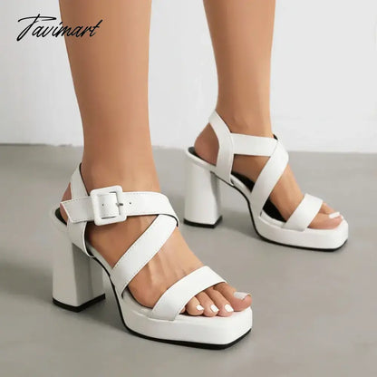 European Style Patent PU Leather Olive Green Burgundy Color Open Toe Wide Strap Designer Women Platform Sandals Block High Heels