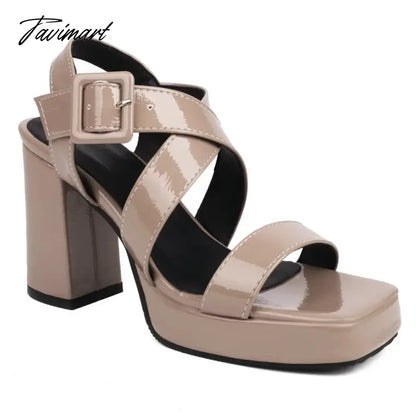 European Style Patent PU Leather Olive Green Burgundy Color Open Toe Wide Strap Designer Women Platform Sandals Block High Heels