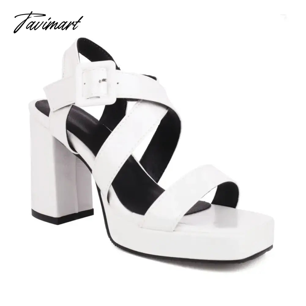 European Style Patent PU Leather Olive Green Burgundy Color Open Toe Wide Strap Designer Women Platform Sandals Block High Heels
