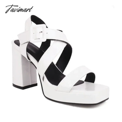 European Style Patent PU Leather Olive Green Burgundy Color Open Toe Wide Strap Designer Women Platform Sandals Block High Heels