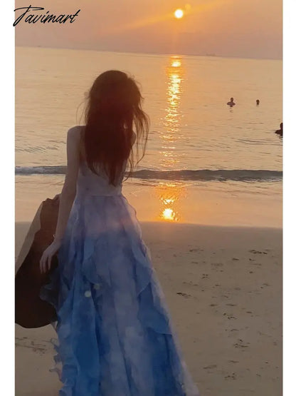 Evening Party Dress Summer Spaghetti Straps High Waist Ruffles Patchwork Print French Dresses Beach Holiday Fairy Long Dresses