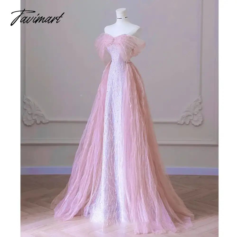 Exquisite Pink Beaded Sequins Wedding Dress Evening Party Gown with Detachable Tulle Train Birthday Dresses Vestidos De Noche