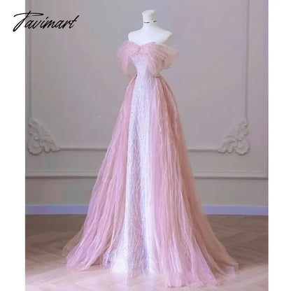 Exquisite Pink Beaded Sequins Wedding Dress Evening Party Gown with Detachable Tulle Train Birthday Dresses Vestidos De Noche