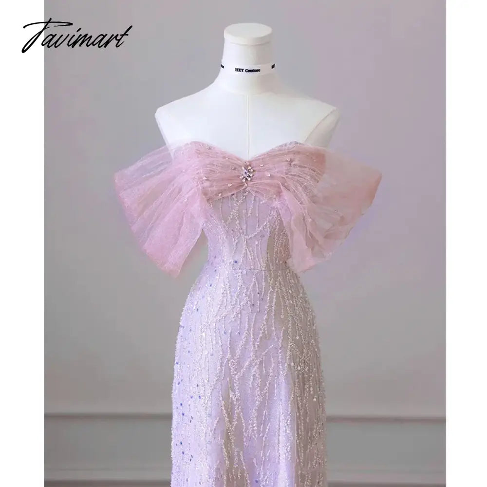 Exquisite Pink Beaded Sequins Wedding Dress Evening Party Gown with Detachable Tulle Train Birthday Dresses Vestidos De Noche
