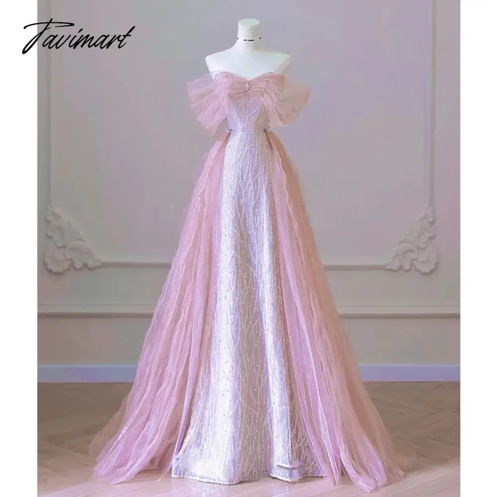 Exquisite Pink Beaded Sequins Wedding Dress Evening Party Gown with Detachable Tulle Train Birthday Dresses Vestidos De Noche