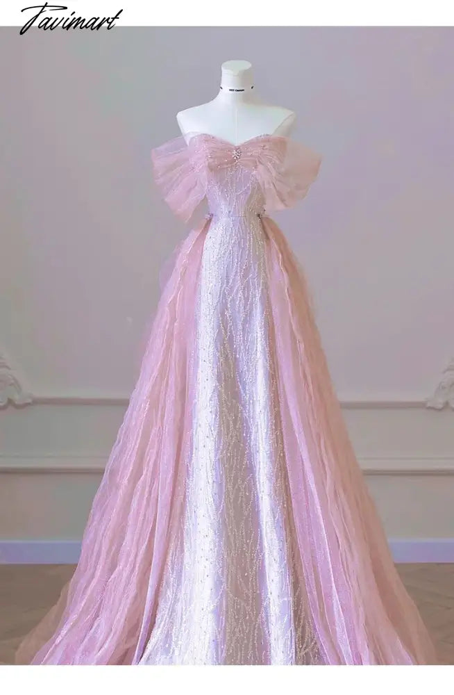 Exquisite Pink Beaded Sequins Wedding Dress Evening Party Gown with Detachable Tulle Train Birthday Dresses Vestidos De Noche