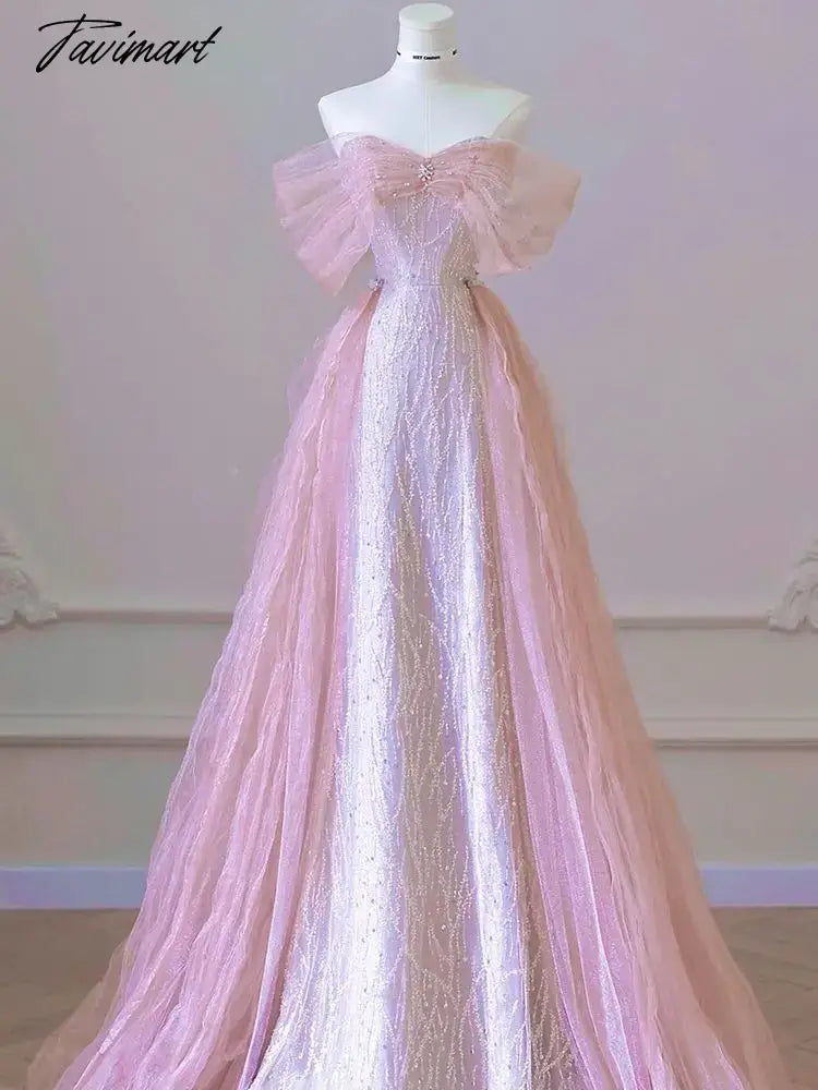 Exquisite Pink Beaded Sequins Wedding Dress Evening Party Gown with Detachable Tulle Train Birthday Dresses Vestidos De Noche