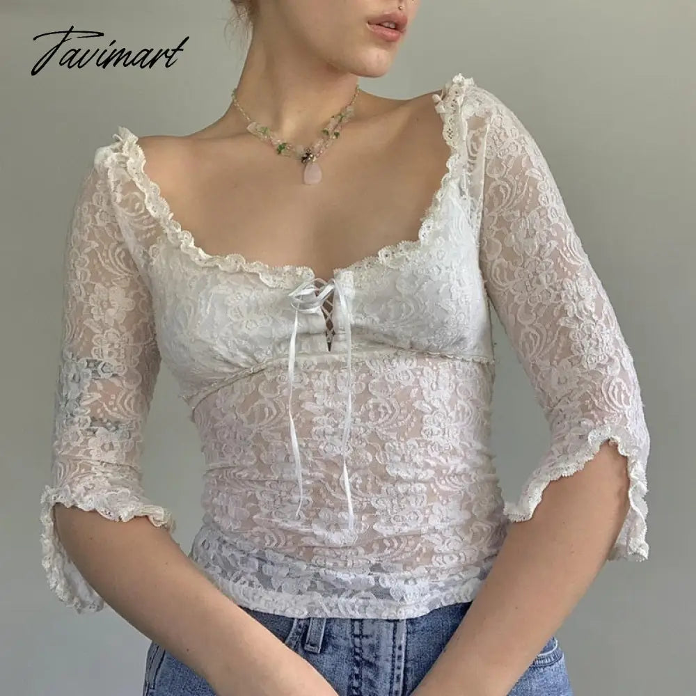 Fairy Coquette Floral Lace T-shirt Low Cut Front Tie Up White Tees Chic Women Vintage Y2K Milkmaid Crop Tops Clothes