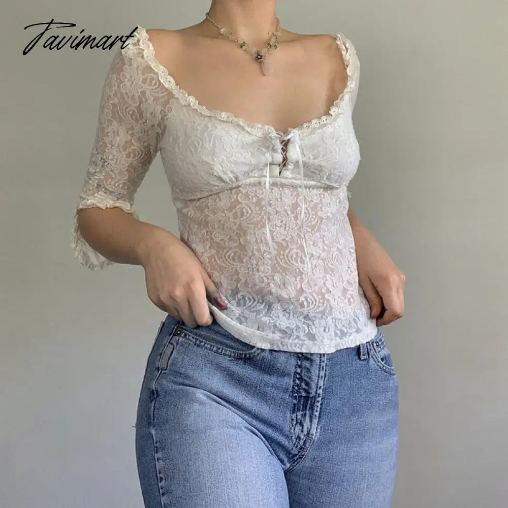 Fairy Coquette Floral Lace T-shirt Low Cut Front Tie Up White Tees Chic Women Vintage Y2K Milkmaid Crop Tops Clothes