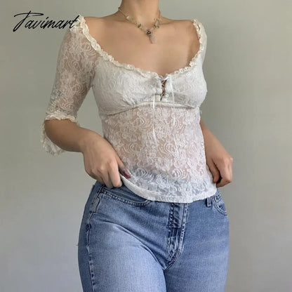 Fairy Coquette Floral Lace T-shirt Low Cut Front Tie Up White Tees Chic Women Vintage Y2K Milkmaid Crop Tops Clothes