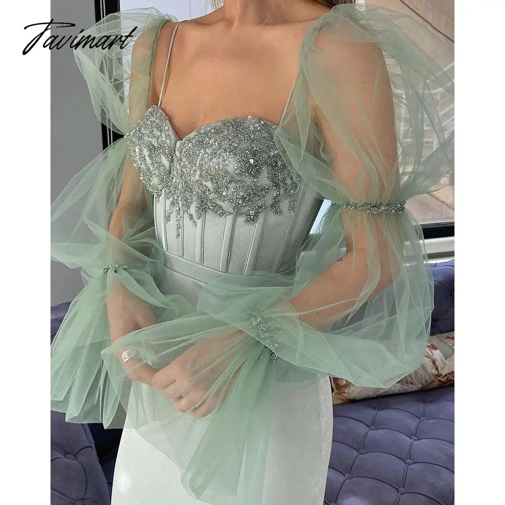 Fairy Mint Green Prom Dresses Sheer Long Sleeves Sweetheart Boning Sheath Evening Dresses Beaded Tea-Length Formal Gowns