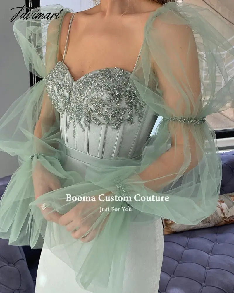 Fairy Mint Green Prom Dresses Sheer Long Sleeves Sweetheart Boning Sheath Evening Dresses Beaded Tea-Length Formal Gowns
