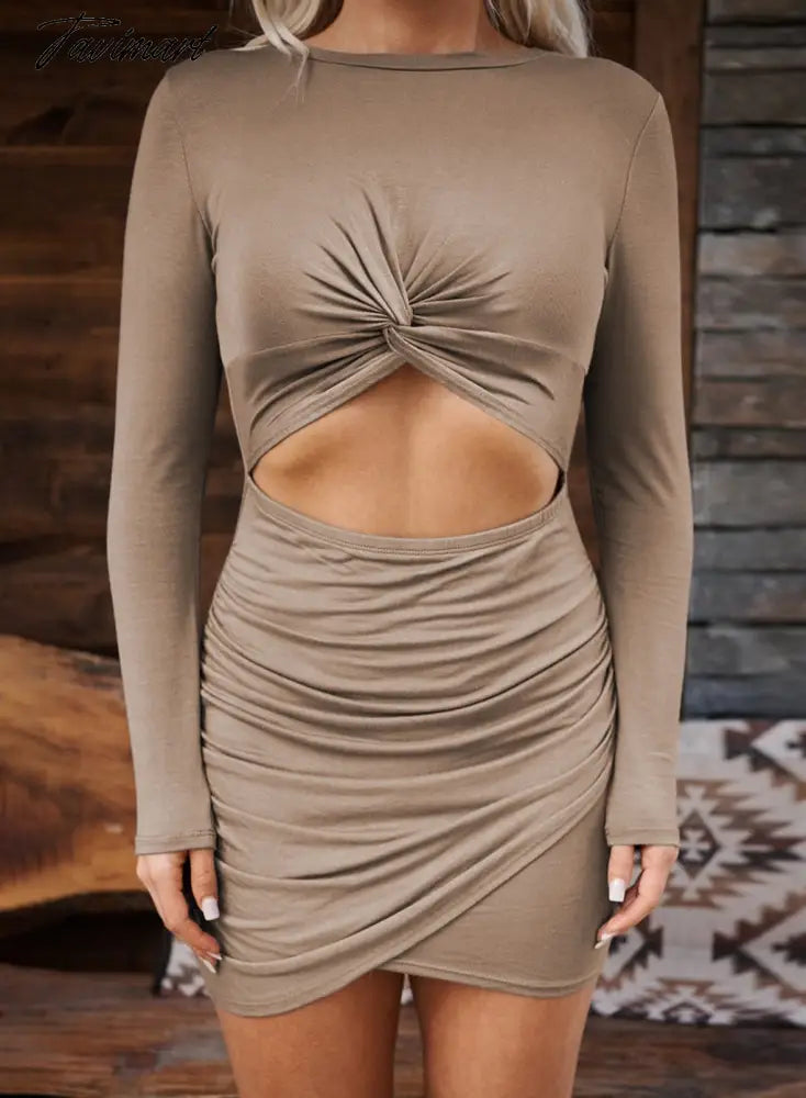 Fall Winter Women'S Sexy Solid Colo Hollow Out Long-Sleeved O-Neck Bodycon Hip Wrap Irregular Mini Dresses Party Evening Dresses
