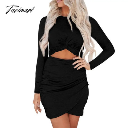 Fall Winter Women'S Sexy Solid Colo Hollow Out Long-Sleeved O-Neck Bodycon Hip Wrap Irregular Mini Dresses Party Evening Dresses