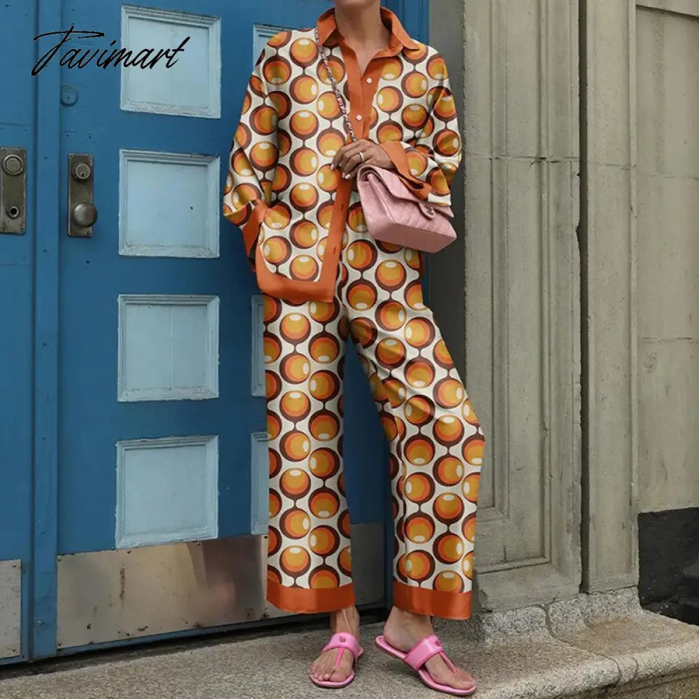 Fall Women Long Sleeve Lapel Single Breasted Shirt And Straight Pants Sets Vintage 2 Piece Suit Ladies Fashion Print Loose Suits