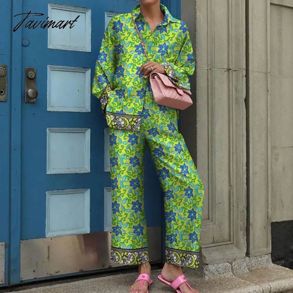 Fall Women Long Sleeve Lapel Single Breasted Shirt And Straight Pants Sets Vintage 2 Piece Suit Ladies Fashion Print Loose Suits