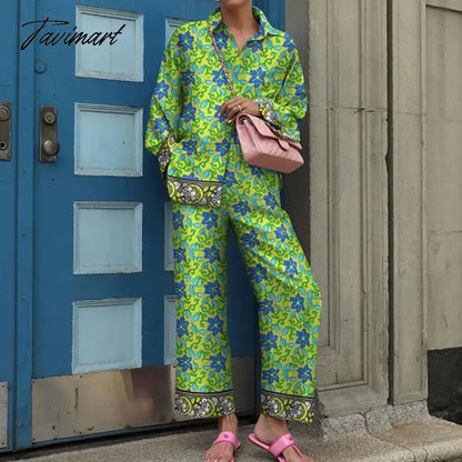 Fall Women Long Sleeve Lapel Single Breasted Shirt And Straight Pants Sets Vintage 2 Piece Suit Ladies Fashion Print Loose Suits