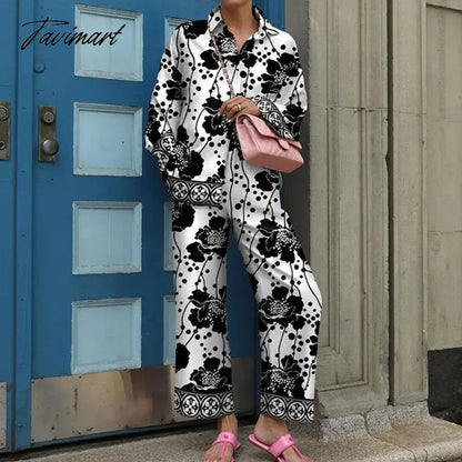 Fall Women Long Sleeve Lapel Single Breasted Shirt And Straight Pants Sets Vintage 2 Piece Suit Ladies Fashion Print Loose Suits