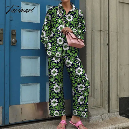 Fall Women Long Sleeve Lapel Single Breasted Shirt And Straight Pants Sets Vintage 2 Piece Suit Ladies Fashion Print Loose Suits