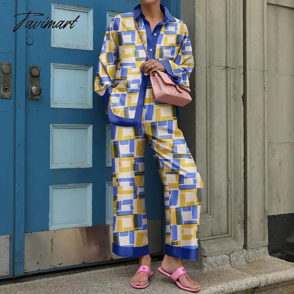 Fall Women Long Sleeve Lapel Single Breasted Shirt And Straight Pants Sets Vintage 2 Piece Suit Ladies Fashion Print Loose Suits