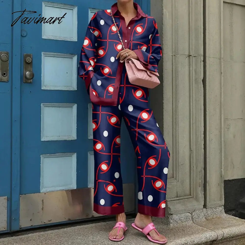 Fall Women Long Sleeve Lapel Single Breasted Shirt And Straight Pants Sets Vintage 2 Piece Suit Ladies Fashion Print Loose Suits