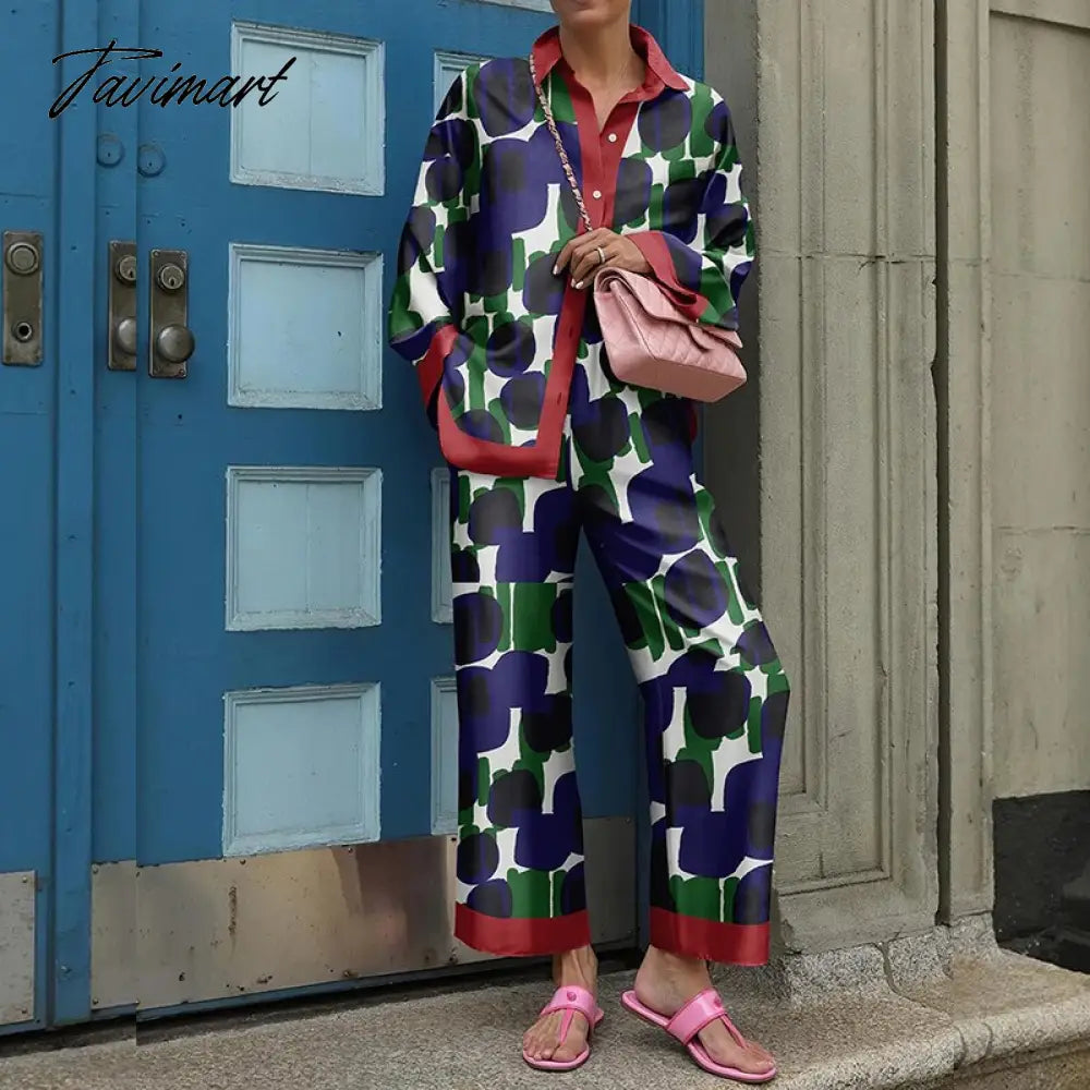 Fall Women Long Sleeve Lapel Single Breasted Shirt And Straight Pants Sets Vintage 2 Piece Suit Ladies Fashion Print Loose Suits