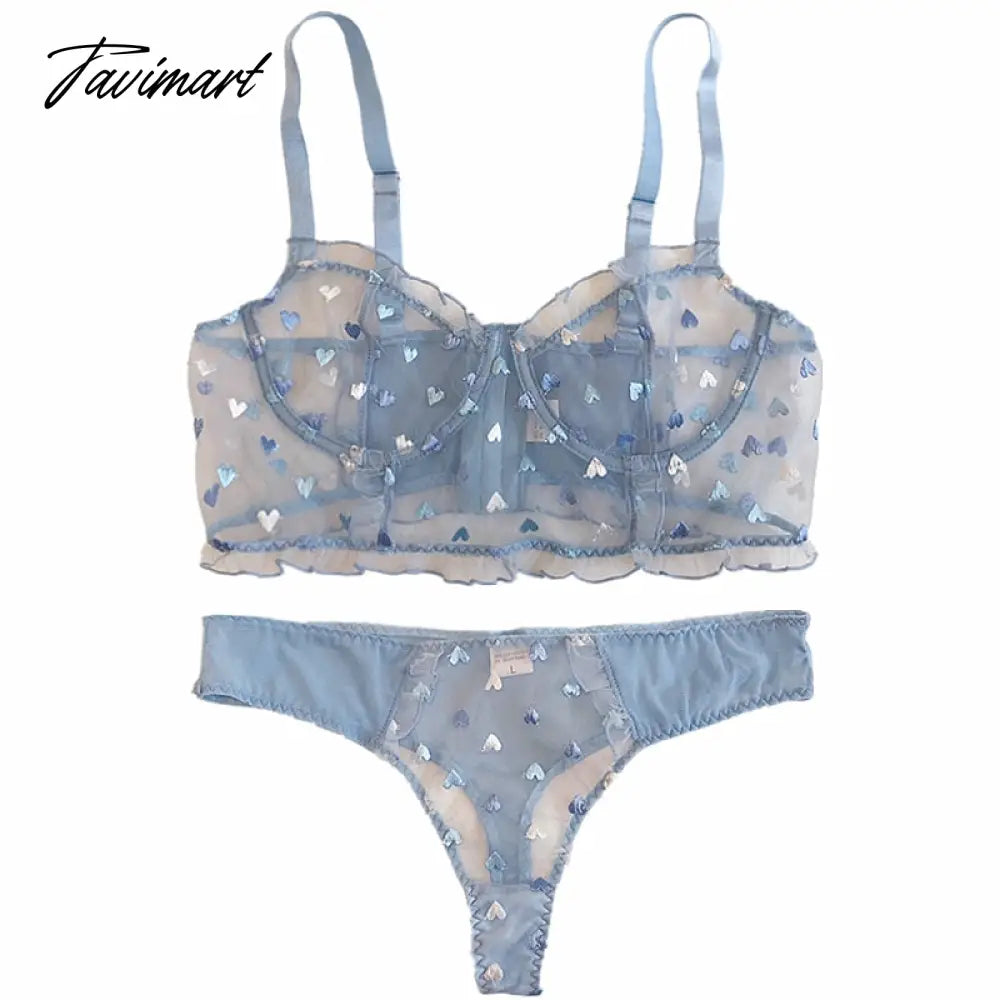 Fantasy blue embroidery love transparent mesh sexy lingerie panty half cup gathered underwear set see-through thong bra