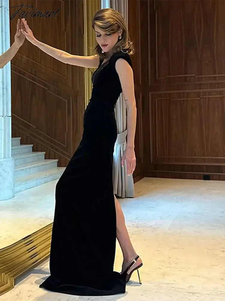 Fashion Asymmetric Women Sleeveless Maxi Dress Elegant Diagonal Collar Mesh Patchwork Dresses Lady Sexy High Street Robes