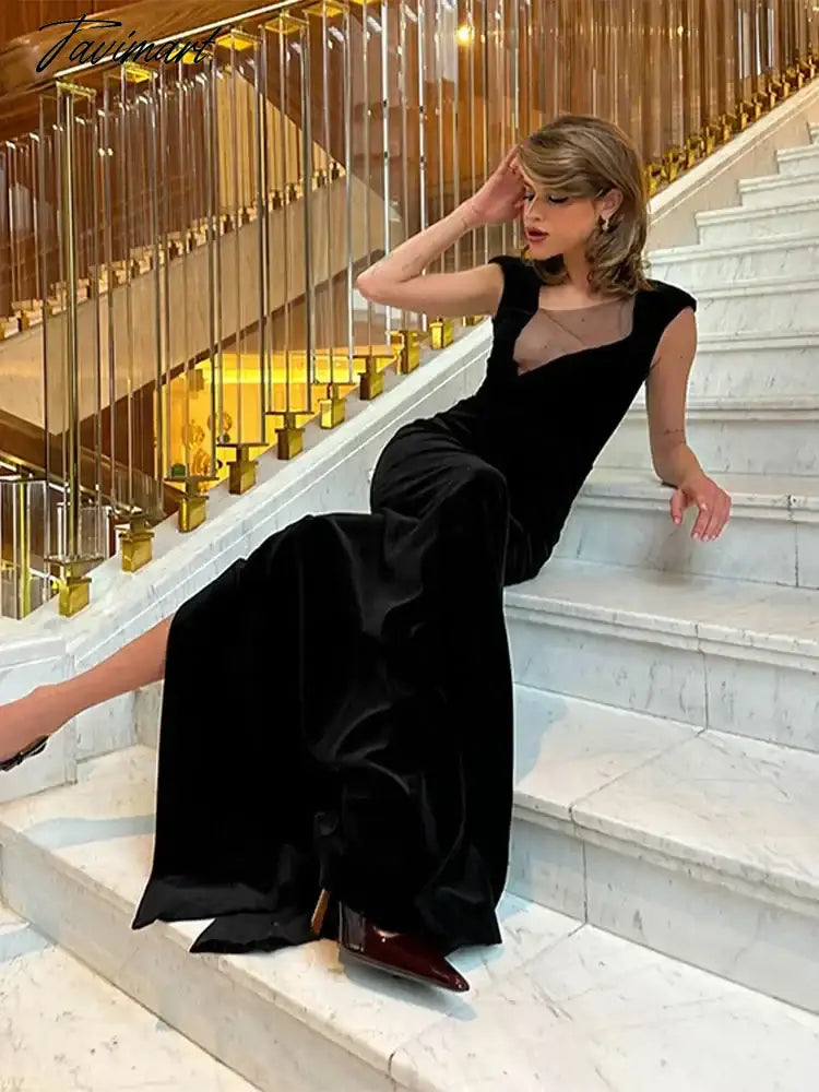 Fashion Asymmetric Women Sleeveless Maxi Dress Elegant Diagonal Collar Mesh Patchwork Dresses Lady Sexy High Street Robes