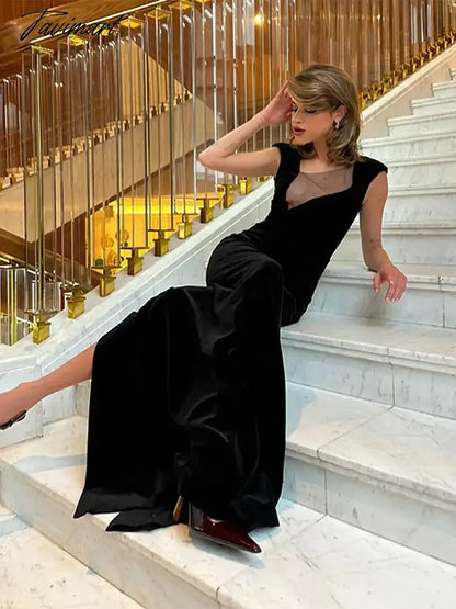 Fashion Asymmetric Women Sleeveless Maxi Dress Elegant Diagonal Collar Mesh Patchwork Dresses Lady Sexy High Street Robes