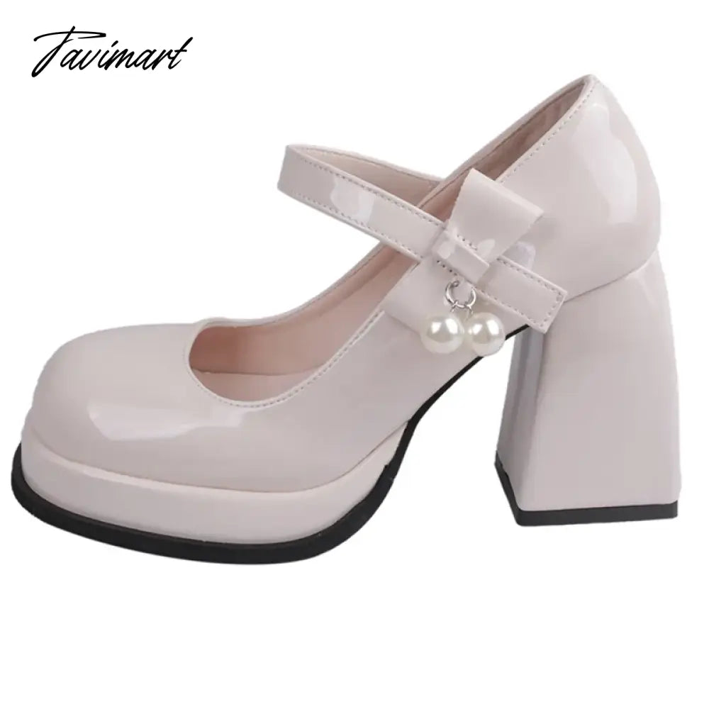 Fashion Black White Platform Pumps for Women Bowknot Strap Thick Heels Mary Jane Shoes Woman Sweet High Heel Party Shoes Ladies