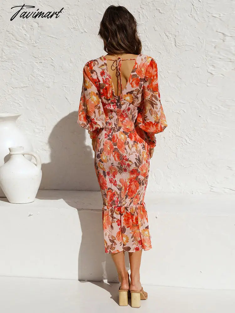 Fashion Lantern Sleeve Mermaid Skirt Spring/Autumn Women Sexy V Neck Floral Printed Ruffle Maxi Dresses A2167