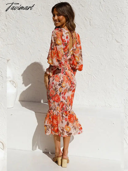 Fashion Lantern Sleeve Mermaid Skirt Spring/Autumn Women Sexy V Neck Floral Printed Ruffle Maxi Dresses A2167