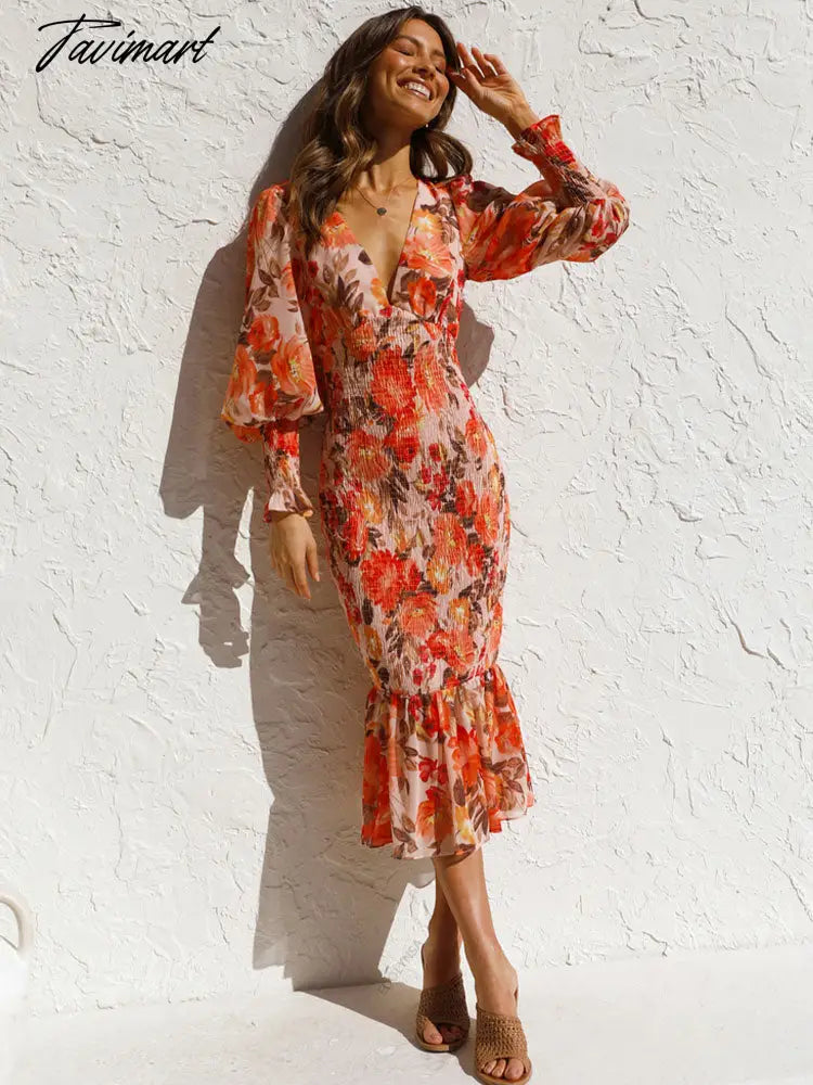 Fashion Lantern Sleeve Mermaid Skirt Spring/Autumn Women Sexy V Neck Floral Printed Ruffle Maxi Dresses A2167