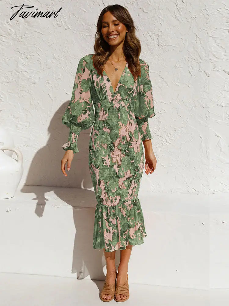 Fashion Lantern Sleeve Mermaid Skirt Spring/Autumn Women Sexy V Neck Floral Printed Ruffle Maxi Dresses A2167