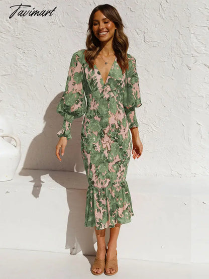 Fashion Lantern Sleeve Mermaid Skirt Spring/Autumn Women Sexy V Neck Floral Printed Ruffle Maxi Dresses A2167