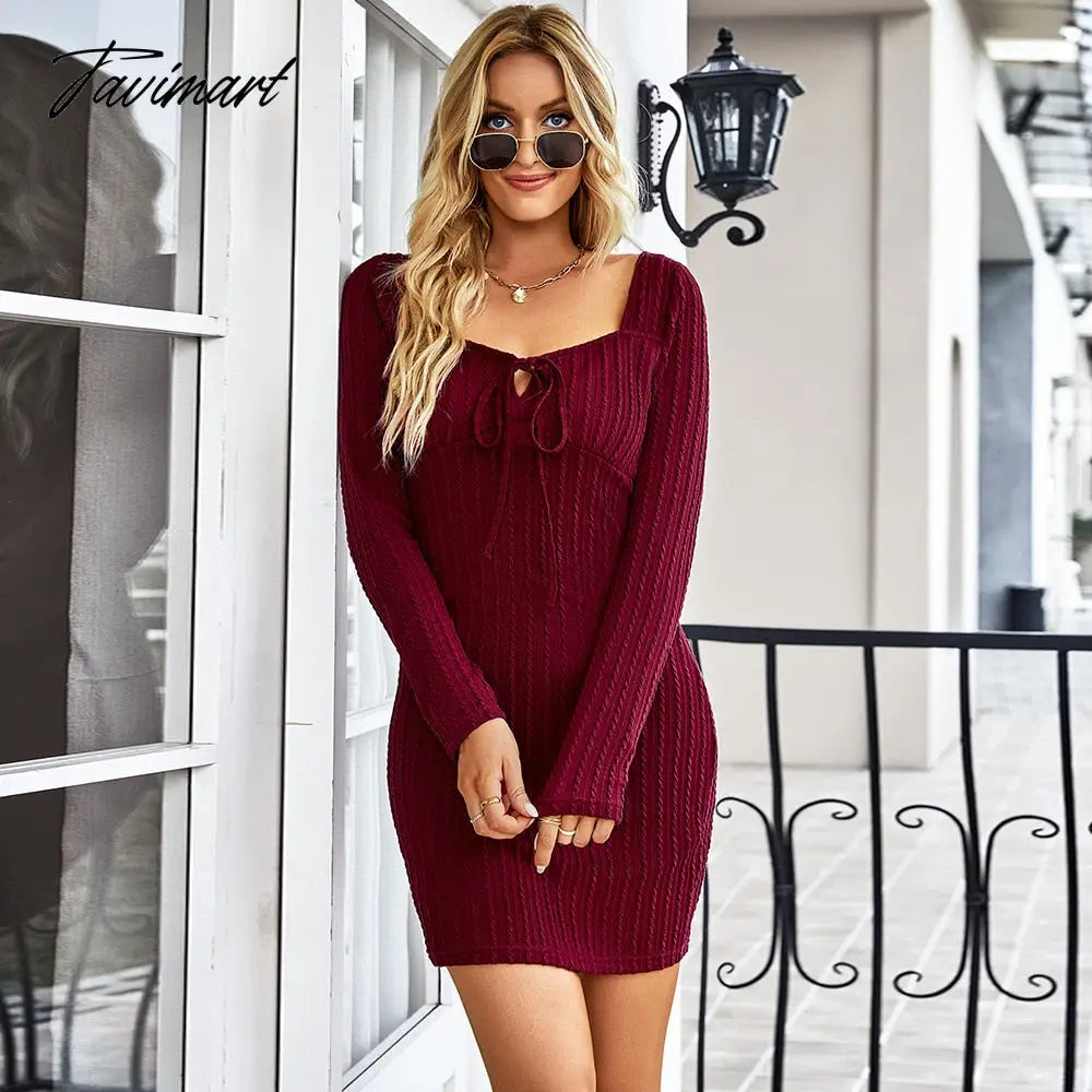 Fashion Long Sleeve Knitted Dress Women Fall/Winter Dresses New Square Neck Solid Lace-up Sexy Hip Wrap Mini Dress
