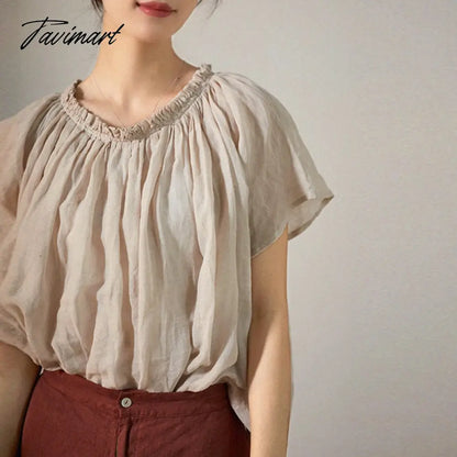 Fashion Oversized T-Shirt Ruched O-Neck Casual Loose Short Sleeve T-Shirts Retro Literary Top Female Harajuku Blouses And Shirts
