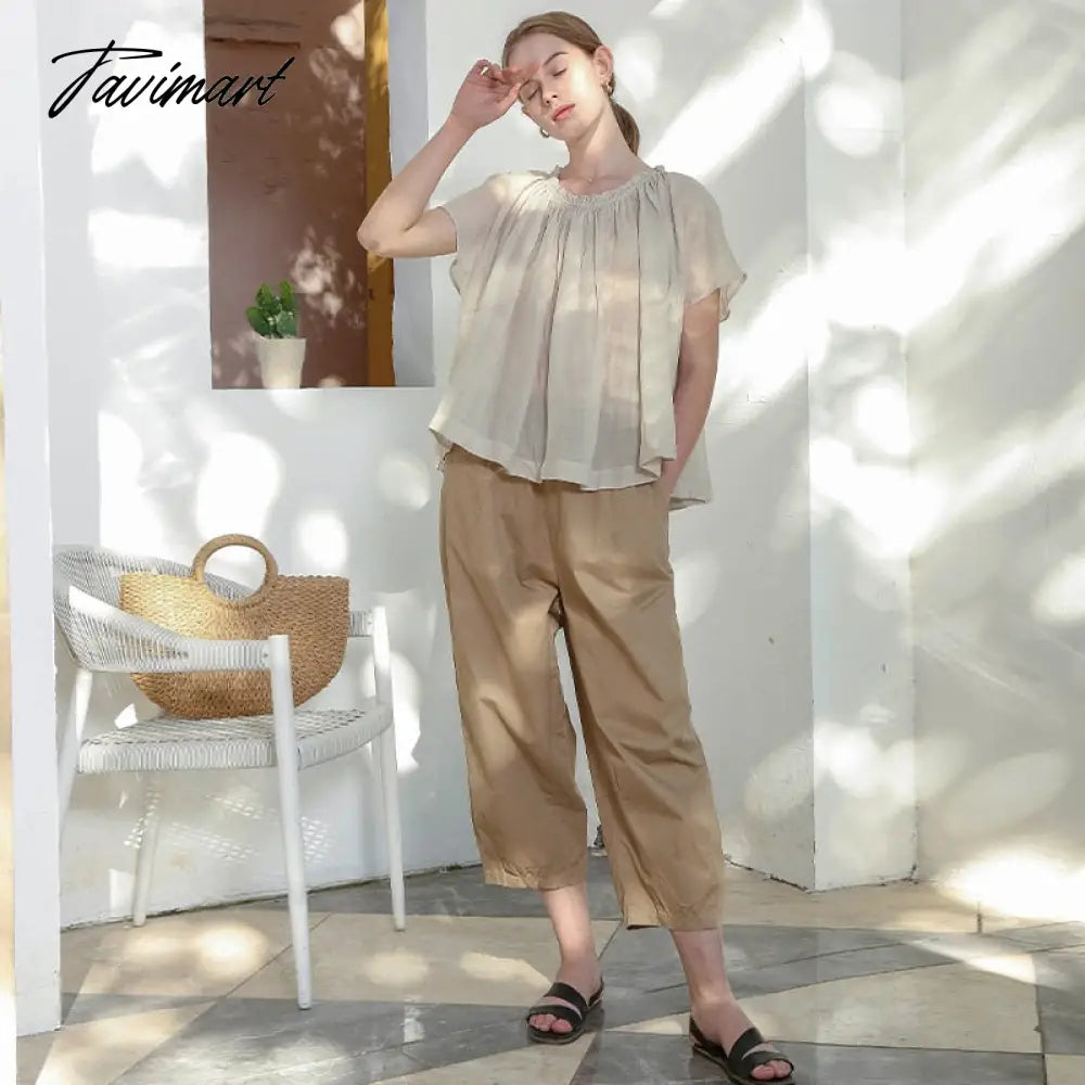 Fashion Oversized T-Shirt Ruched O-Neck Casual Loose Short Sleeve T-Shirts Retro Literary Top Female Harajuku Blouses And Shirts