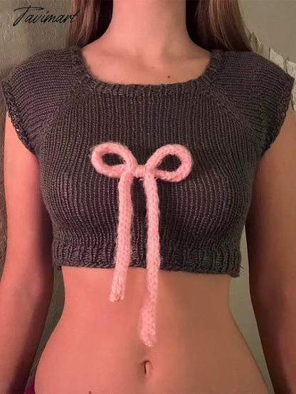 Fashion Pink Bow Patchwork Knit Vest For Women Sexy Sleeveless Round Neck Slim Waistcoat 2024 Ladies Chic Female Pullover
