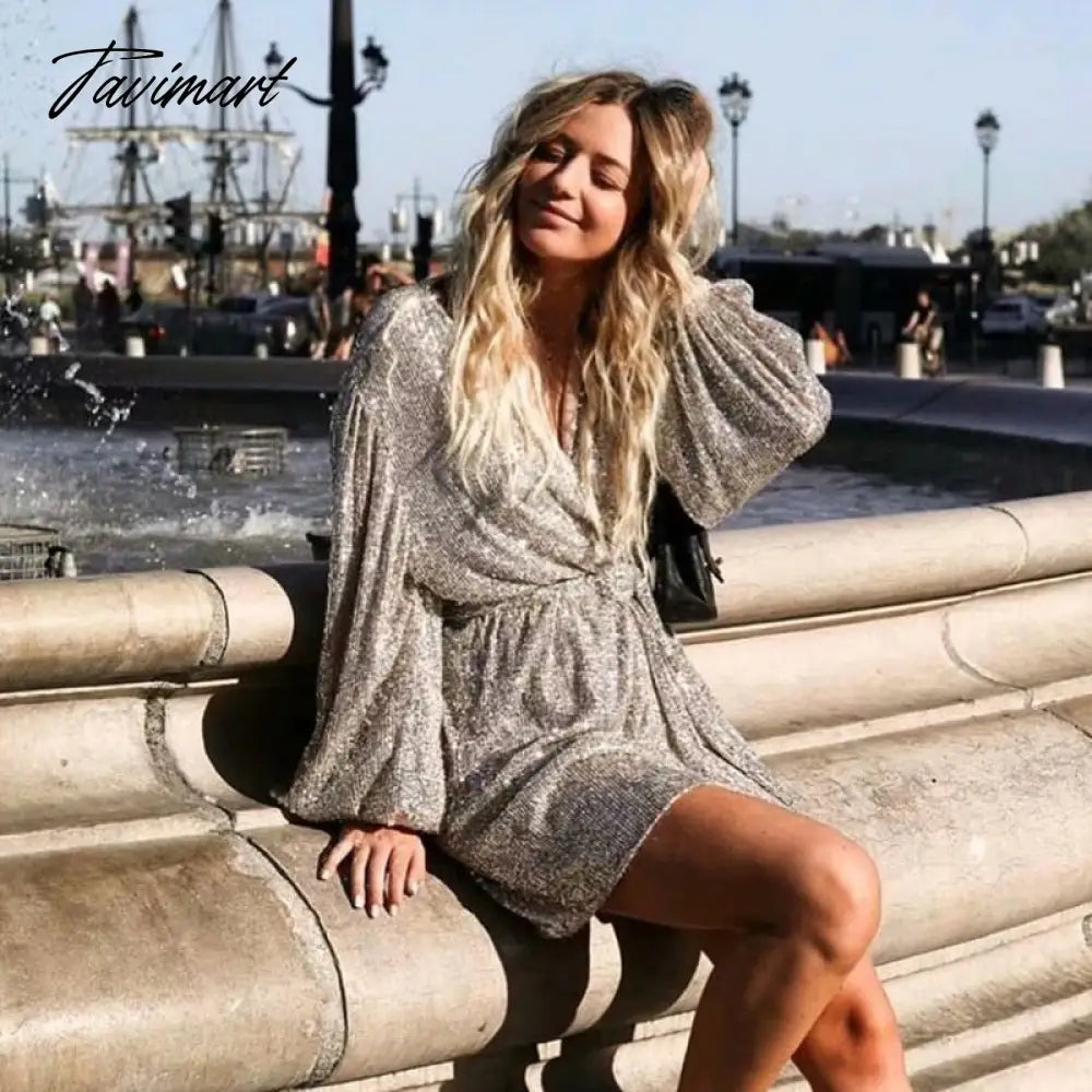 Fashion Sequin Embroidery Woman Dress V Neck With Belt Long Sleeve Mini Dress Vestido De Mujer Vintage Party Dress
