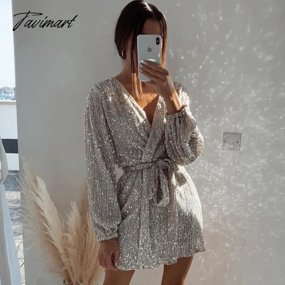 Fashion Sequin Embroidery Woman Dress V Neck With Belt Long Sleeve Mini Dress Vestido De Mujer Vintage Party Dress