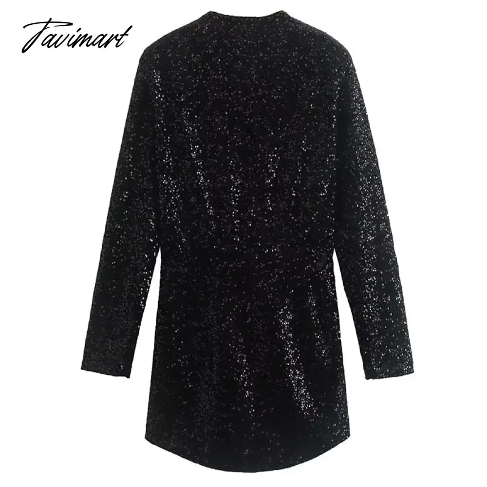 Fashion Sequin Embroidery Woman Dress V Neck With Belt Long Sleeve Mini Dress Vestido De Mujer Vintage Party Dress