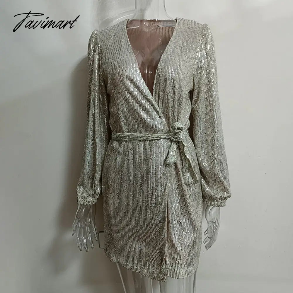 Fashion Sequin Embroidery Woman Dress V Neck With Belt Long Sleeve Mini Dress Vestido De Mujer Vintage Party Dress