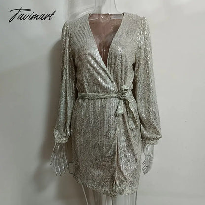 Fashion Sequin Embroidery Woman Dress V Neck With Belt Long Sleeve Mini Dress Vestido De Mujer Vintage Party Dress