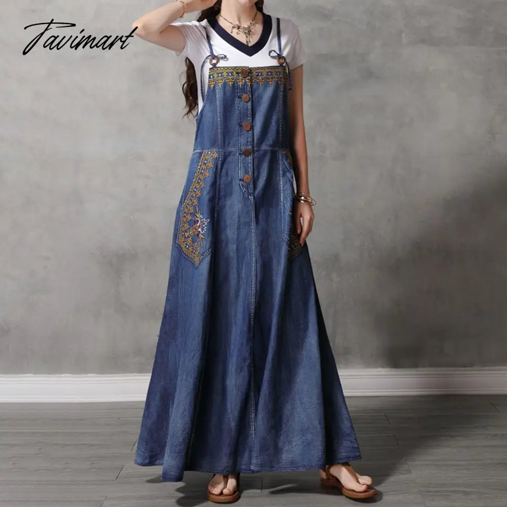 Fashion Summer Embroidery Sleeveless Denim Dress Women Long Vintage Spaghetti Strap Dress Sling Bohemian Girl Loose Swing Skirts