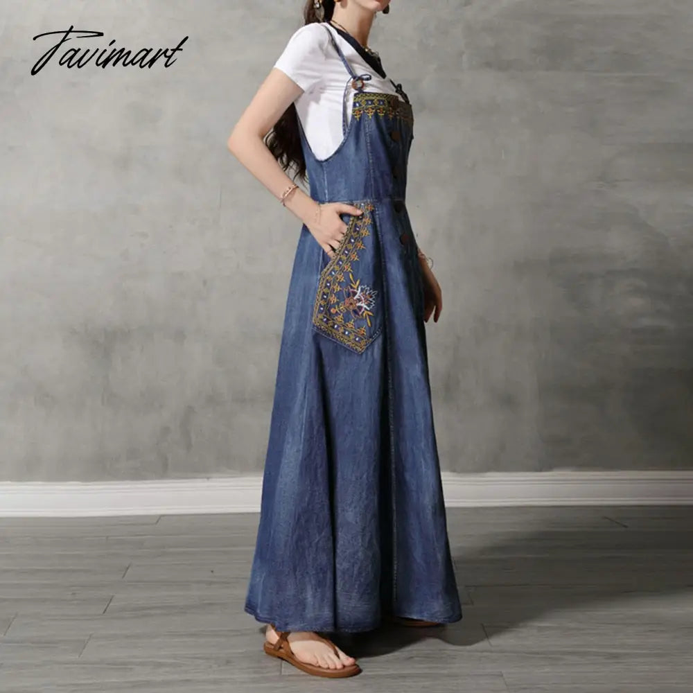 Fashion Summer Embroidery Sleeveless Denim Dress Women Long Vintage Spaghetti Strap Dress Sling Bohemian Girl Loose Swing Skirts