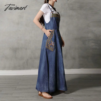 Fashion Summer Embroidery Sleeveless Denim Dress Women Long Vintage Spaghetti Strap Dress Sling Bohemian Girl Loose Swing Skirts