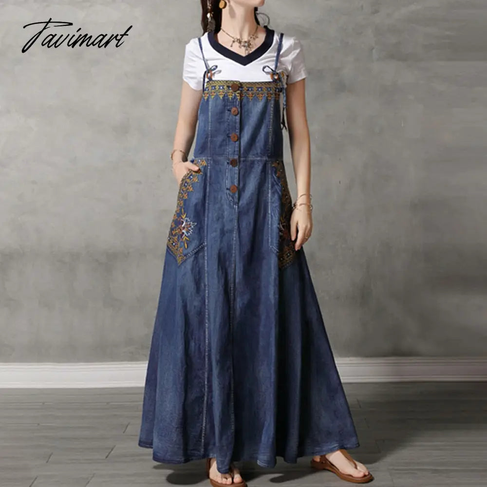 Fashion Summer Embroidery Sleeveless Denim Dress Women Long Vintage Spaghetti Strap Dress Sling Bohemian Girl Loose Swing Skirts
