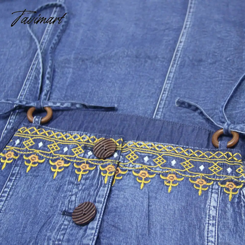 Fashion Summer Embroidery Sleeveless Denim Dress Women Long Vintage Spaghetti Strap Dress Sling Bohemian Girl Loose Swing Skirts
